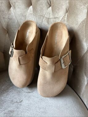 Madden Girl Beige Suede Buckle Mule Clogs